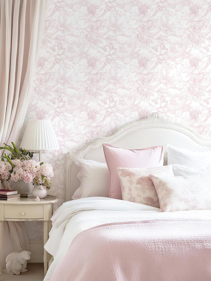 Dimoon 236"x17.3" Peel and Stick Wallpaper Floral Contact Paper Boho White Pink Flower Wallpaper Removable Wall Paper Self Adhesive Modern for Cabinets Drawers Bedroom Thicken Vinyl - Image 2